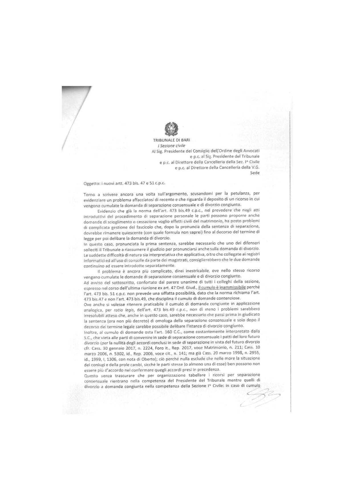 COMUNICAZIONE DEL PRESIDENTE DELLA I SEZ. CIVILE DEL TRIBUNALE DI BARI